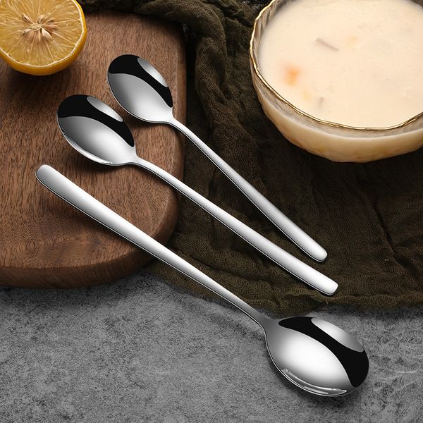 304 Stainless Steel Spoons Korean Style Round Shallow Soup Spoon Dinnerware Cutlery Scoop Tableware Dinner Dessert Flatware Kitchen Tools Ac