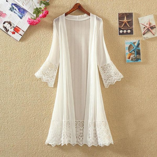 Women&#039;s Blouses & Shirts Women Chiffon Tunic Kimono Cardigan Lace Long Shirt Hollow Out Loose Ladies Cardigans 2022 Spring Summer Femal