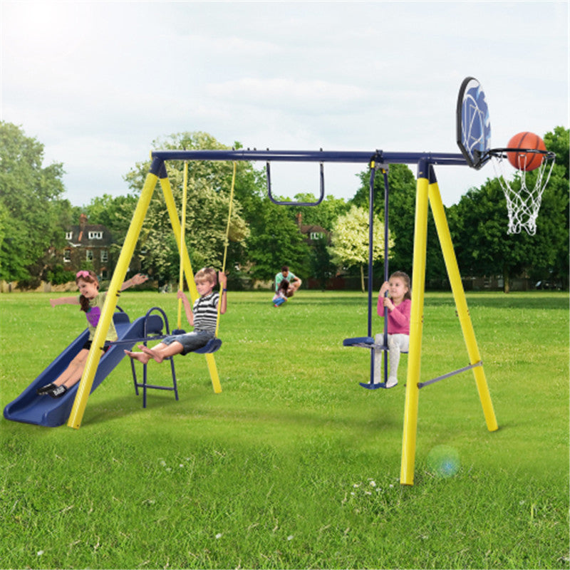 5 in 1 Outdoor Tolddler Swing Set for Backyard Playground Swing Sets with Steel Frame Silde Seesaw Swing and Basketball Hoop For Kids Outdoor Fun MS