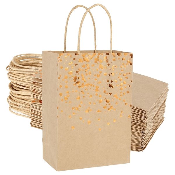 25pcs Paper Bags Candy Cookie Packaging Bags Hanging Bags 15x21x8cm Gold Kraft Gift Bag for Christmas Birthday Party Wedding 220420