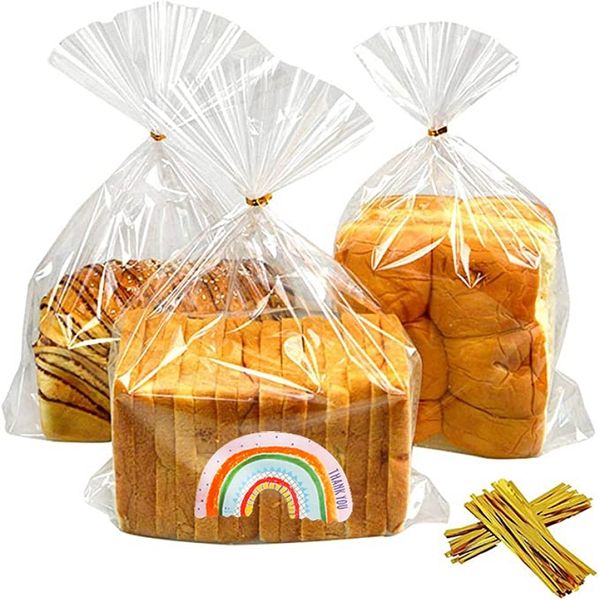 50-100sets Transparent Plastic Bag Bread Candy Lollipop Packaging Bags Cellophane Treats Bags with Twist Tie Rainbow Stickers 220420
