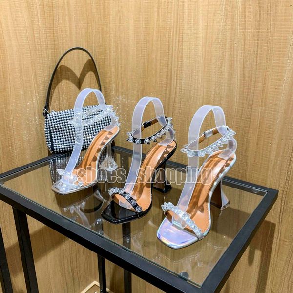 AMINA MUADDI Heel clear mules sandal For Women With Box Transparent Crystal spool high Heel Slippers Summer Fashion Wine Glass With Square T