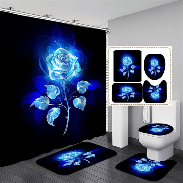 Shiny Blue Golden Rose Waterproof Shower Curtain Set Toilet Cover Mat Nonslip Bath Rugs Bathroom Valentine&#039;s Day Christmas Decor 220423