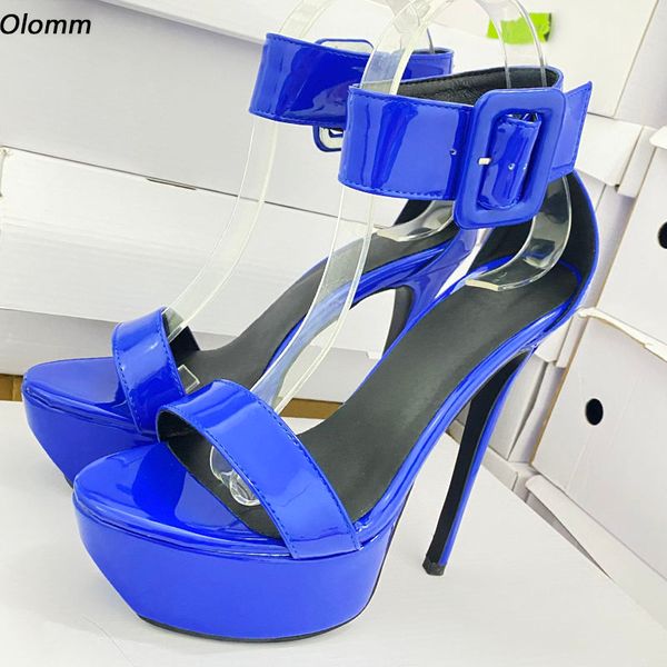 Olomm Handmade Women Platform Sandals Glossy Stiletto High Heels Open Toe Gorgeous Red Blue Party Shoes Ladies US Plus Size 5-20