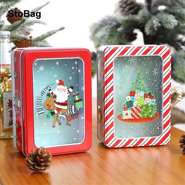 StoBag Year Gift Packaging Tin Box Merry Christmas Santa Claus Snowmen With Clear Window Party Event Candy Cookies Favors 220427