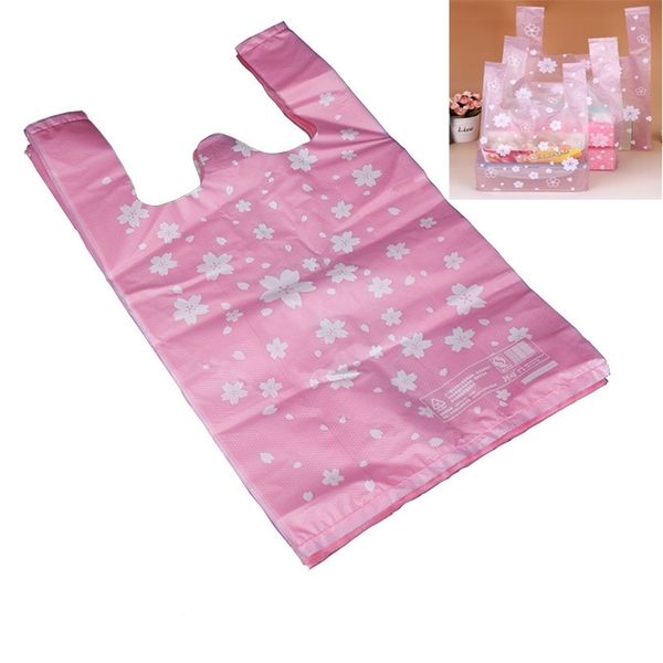 100pcs-lot Supermarket Shopping Plastic bags Pink Cherry Blossom Vest Gift Cosmetic Bags Food packaging bag Candy Bag 220427