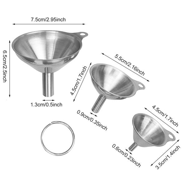 3pcs Kitchen Tools Stackable Multi Function Stainless Steel Funnel Dry Ergonomic Hangable Durable Transferring Liquid Easy Clean