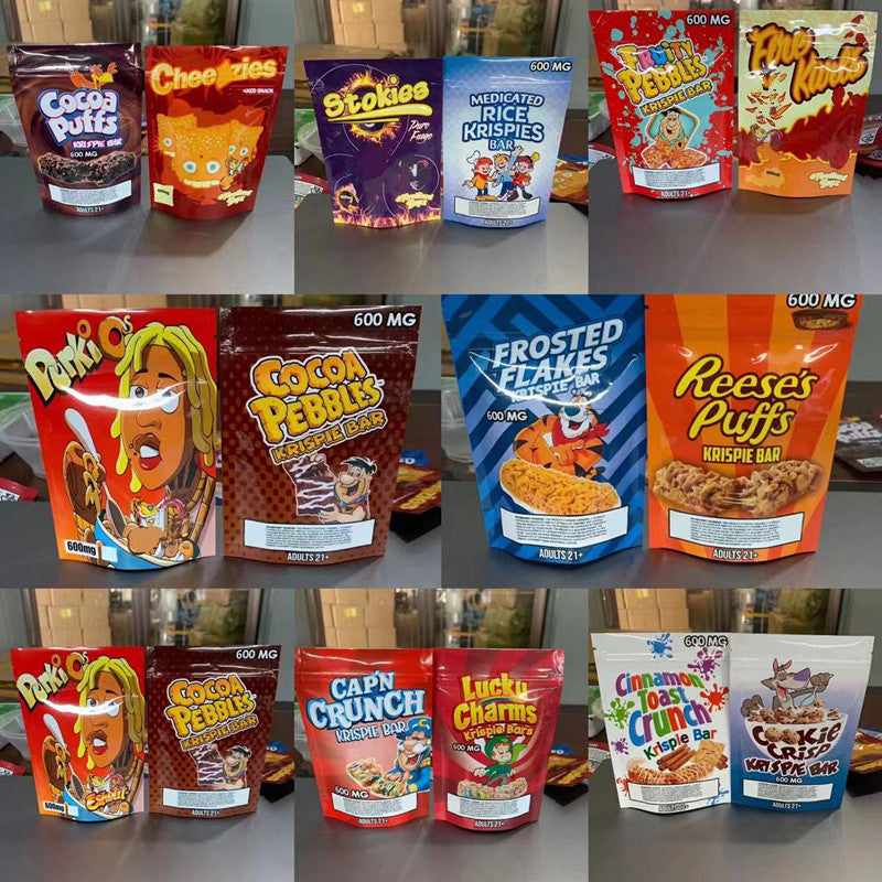 retail plastic edibles package bags zipper lock CHIPS CEREAL TREATS CHOCOLATE krispie bar runtz stokies reeses puffs MEDICATED mylar bag