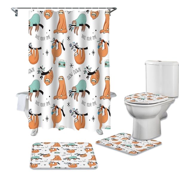 Animal Cute Sloth Cartoon Waterproof Bath Shower Curtain Rug Set Non-slip Mat Toliet Cover Polyester 220429