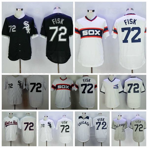 Men Vintage Baseball 72 Carlton Fisk Jerseys Retro 1985 1990 1993 Retire Team Black White Grey Blue Pullover Stitched Flexbase Cool Base Goo