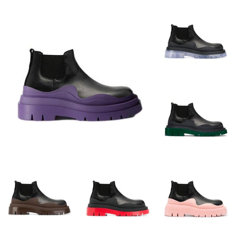 Two tone Tire Chelsea BOOTS women platform chunky boot lady luxe design men Calf desiger Low Tobe calfskin slip on style round toe boots Black Purpl