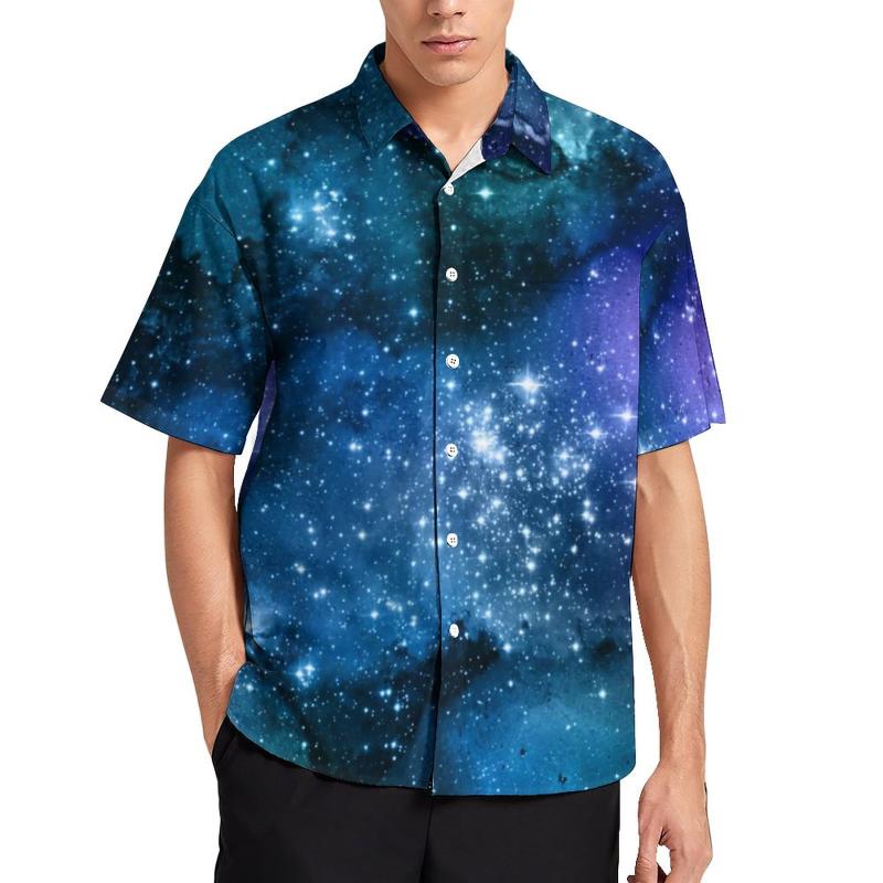Men&#039;s Casual Shirts Blue Sky White Sparkles Galaxy Lovers Starry Space Beach Shirt Hawaiian Funny Blouses Men Custom Tops Big Size 4XLMen&#039;