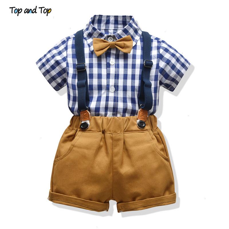 Top And Fashion Toddler Boys Clothing Sets Cotton Plaid Short Sleeve Shirt Suspenders Shorts Baby Gentleman 2pcs Suit