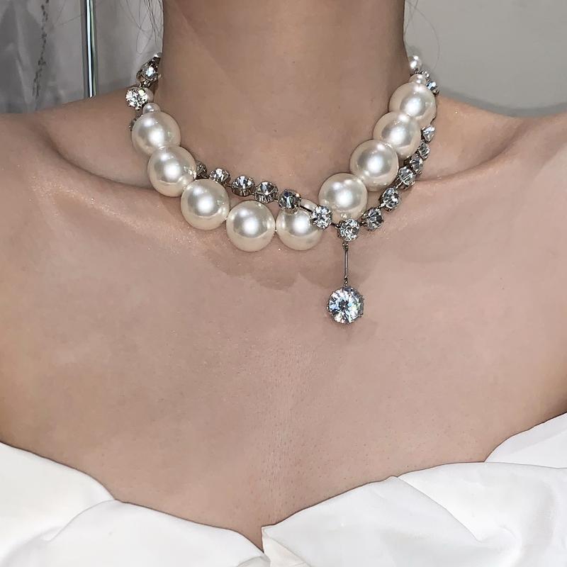 Chokers Niche Fashionable European And American Full Diamond Exaggerated Large Small Pearls Winding Zircon Multi-WeaChokers
