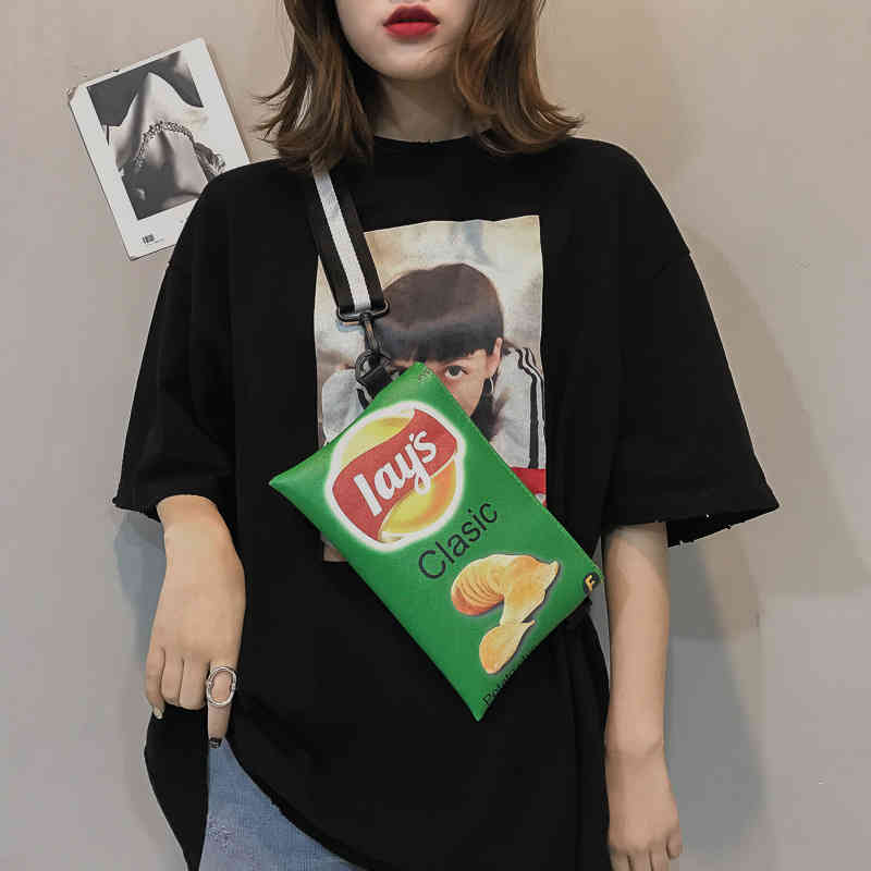 Funny Potato Chips Crossbody Handbag Women Canvas Shoulder Bag Mini Cartoon Printing Girl Envelope Bags Female Clutch Cute Purse
