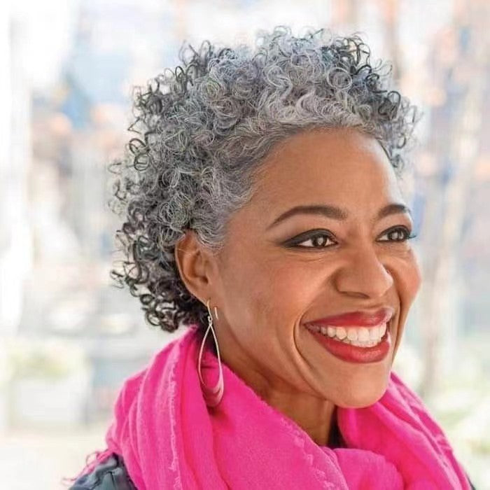 Salt and pepper silver grey kinky curly ponytail human hair extension short natural afro puff bun chignon women gray drawstring extension 120g100g 1