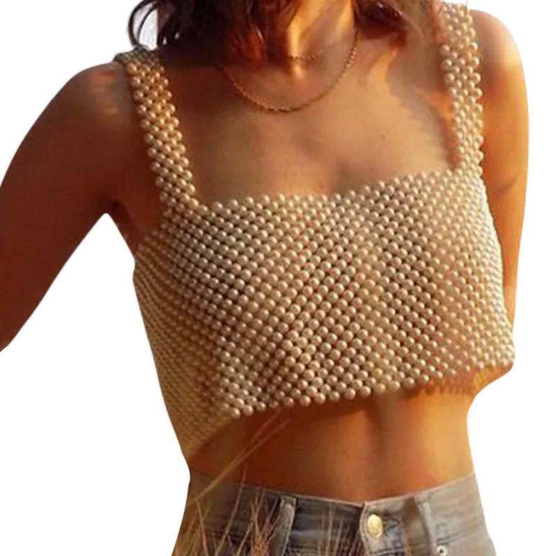 Women&#039;s Tanks & Camis Hirigin Women White Beaded Pearls Bralette Bra Tank Bustier Vest Crop Top Artificial Pearl Chainmail Jewel TopsWomen&#039