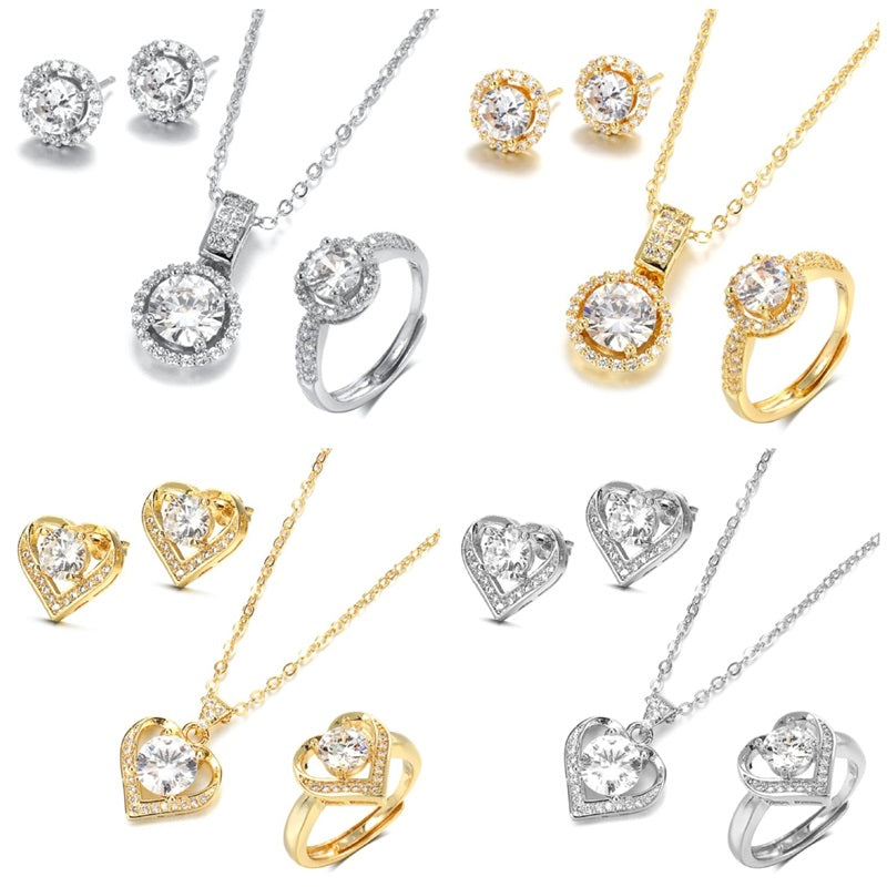 Plated Gold Silver Zircon Wedding Jewelry Sets Engagement Rings Necklace Earring for Bridal Jewellery Valentines Day Gift for Women 462 D3