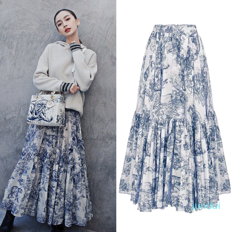 2024 Runway Design Long Maxi Skirts Womens Summer New Ink totem forest animals Print Ruffled Pleated Skirts jupe femme