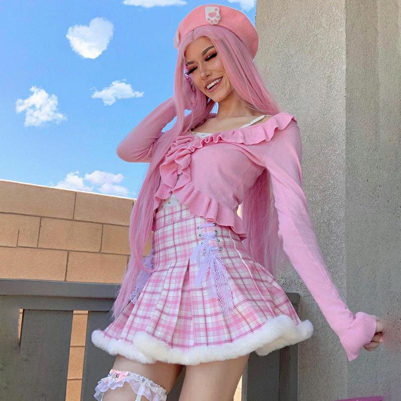 Skirts Combhasaki Y2K Women Plaid Skirt Side Zipper Pleated Plush Hem Tie Up Lace Decor Casual Summer Mini Ball Gown Dress For FemaleSkirts