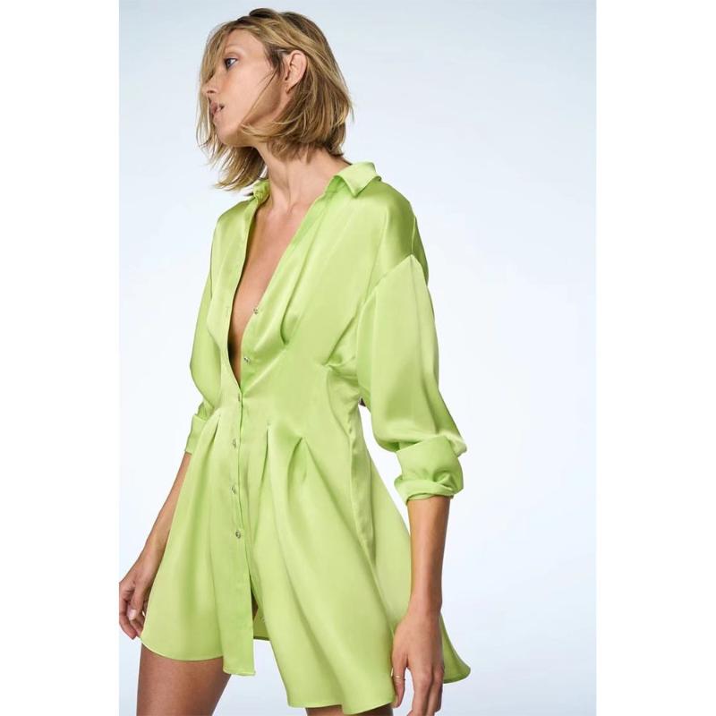 Casual Dresses Women&#39;s Summer Silk Satin Shirt Dress Fashion Slim Lapel Long Sleeve Temperament High Waist SkirtCasual