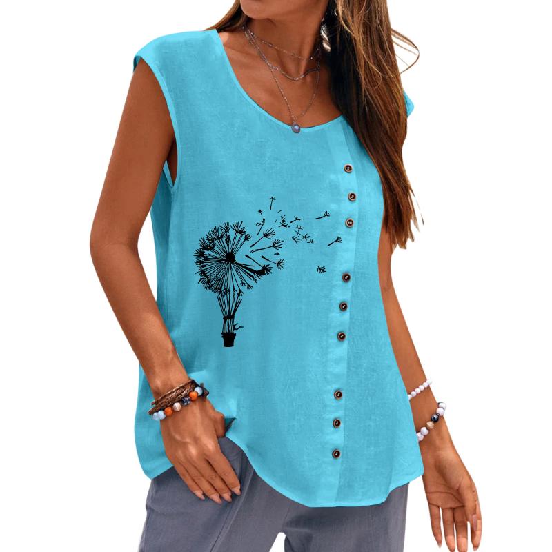 Women&#039;s Tanks & Camis Women Summer Casual Dandelion Printing Sleeveless Button Vest Round Neck Loose Blouse Top Black Tee Tops In WomenWomen