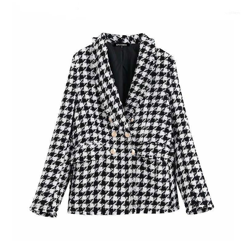 Women&#039;s Suits & Blazers Vintage Stylish Houndstooth Double Breasted Blazer Coat Women 2022 Fashion Long Sleeve Frayed Trims Outerwear Chic P