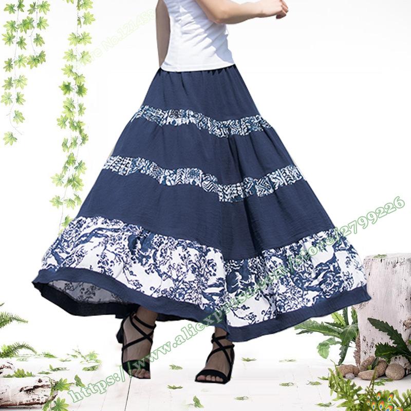 Skirts Female Cotton Linen Casual Vintage Pastoral Style Dark Blue Green Floral Pattern Stitching Pleated Long Maxi WomensSkirts