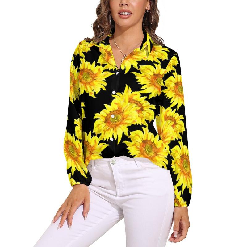 Women&#039;s Blouses & Shirts Abstract Sunflower Blouse Yellow Flowers Print Office Work Woman Classic Shirt Summer Long Sleeve Oversize ClothesW