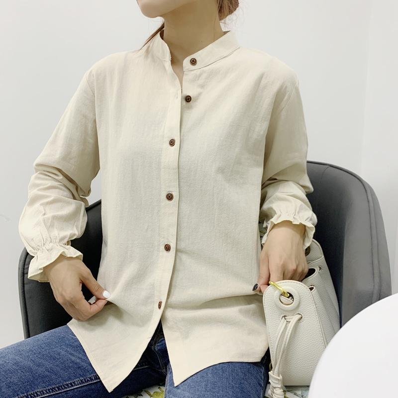 Women&#039;s Blouses & Shirts Fashion Loose Solid Women Shirt Summer Office White Literary Retro Long Sleeve Stand Collar Casual Light Cardigan T