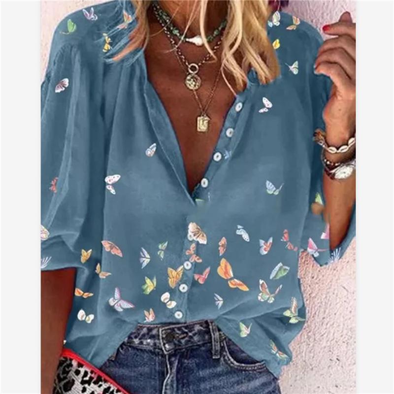 Women&#039;s Blouses & Shirts Women Butterfly Print Buttons Ladies V-Neck Long Sleeve Blouse Female Tops 2022 Spring Casual Shirt Mujer TopWomen&#03