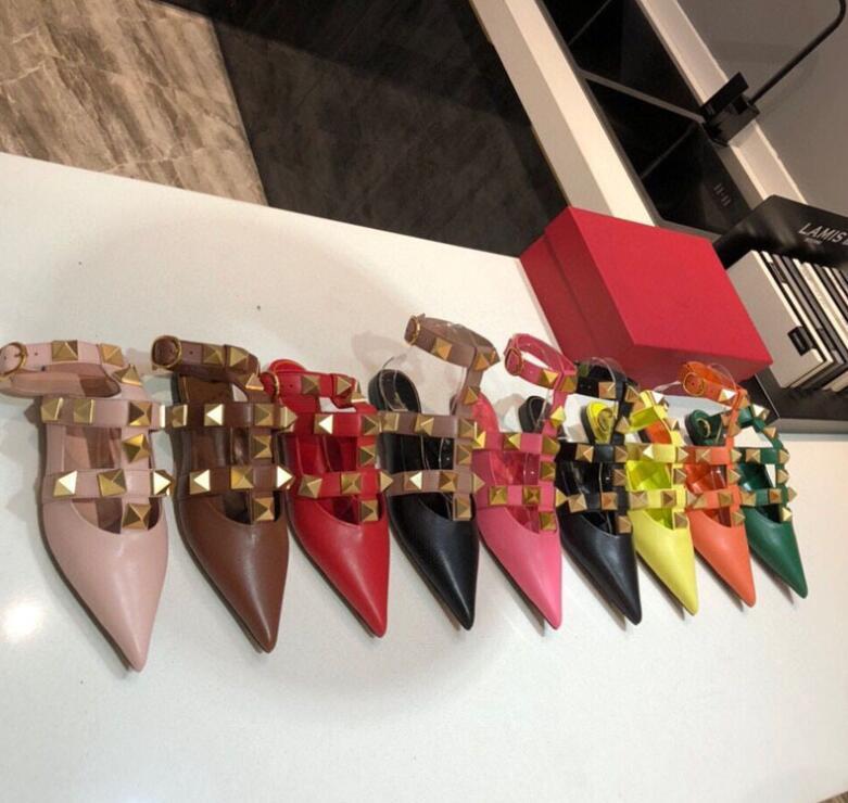 2022 New Pointed Shallow Mouth Baotou Flat Belt Buckle Candy Color Rivet Rear Empty Sandals Women&#039;s Leather Shoes