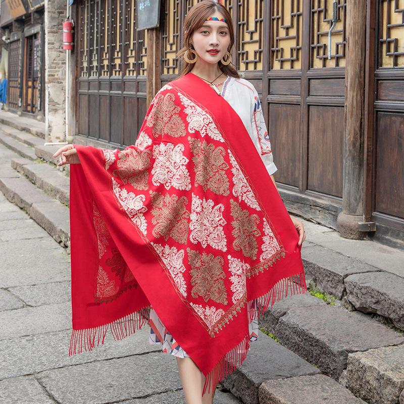 Scarves Elegant Women Embroidery Pashmina Cashmere Blanket Scarf Tassel Lady Shawls And Wraps Thicken Winter Warm Wool Female FoulardScarves