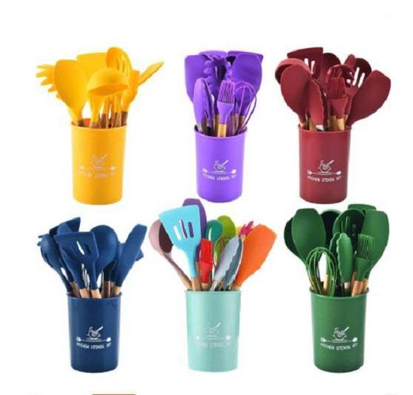 Color Silicone Kitchenware Set Wooden Handle Kitchenwares Cooking Spatula Spoon 11 Piece Sets Silicones Kitchenware Setes