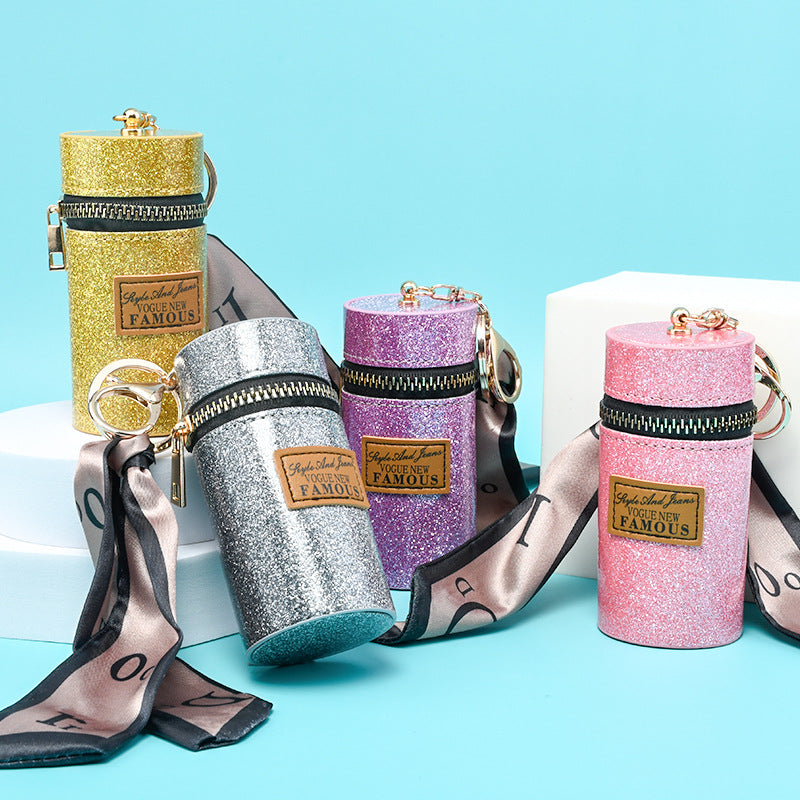 Luxury Leather Keyring Ring Bucket Lipstick Storage Bag Silk Scarf Keychain Holder Portable Personality Charm Pendant Women Accessories Fashion Car