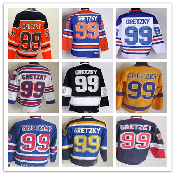 Man 99 Wayne Gretzky Vintage Hockey Jersey Black White Navy Blue Yellow Purple Orange Alternate Embroidery Breathable Uniforms