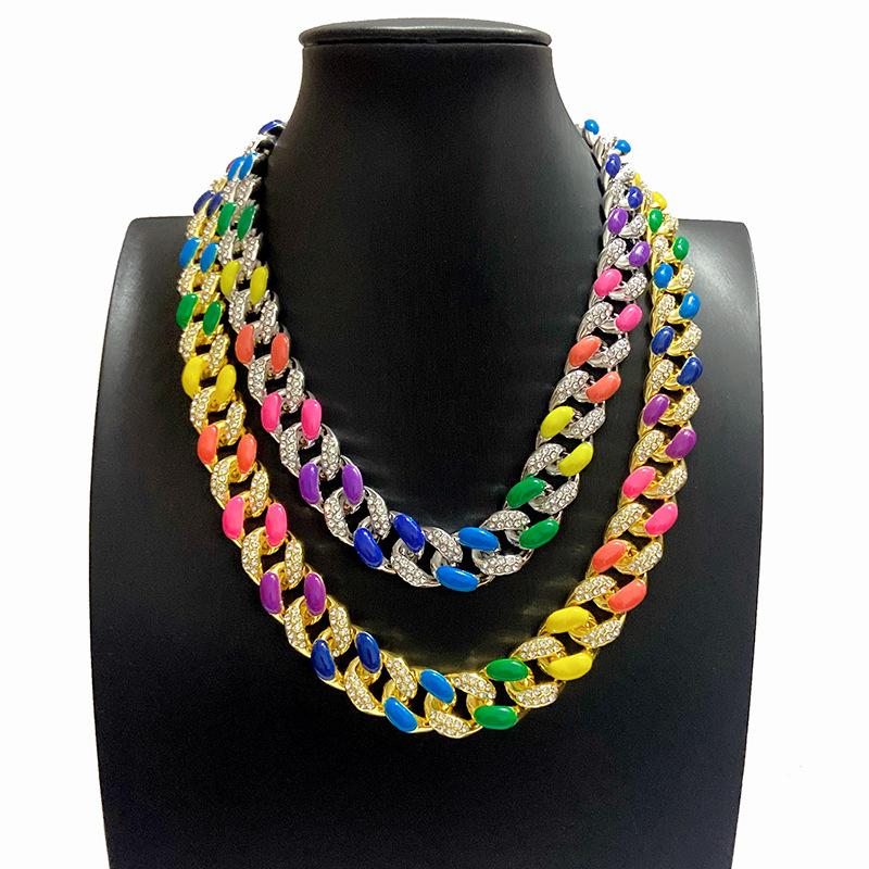 Chains Hip Hop Rapper 16mm Rainbow Color Block Fashion Men&#39;s Necklace Choker Full Diamond Crystal Cuban JewelryChains ChainsChains