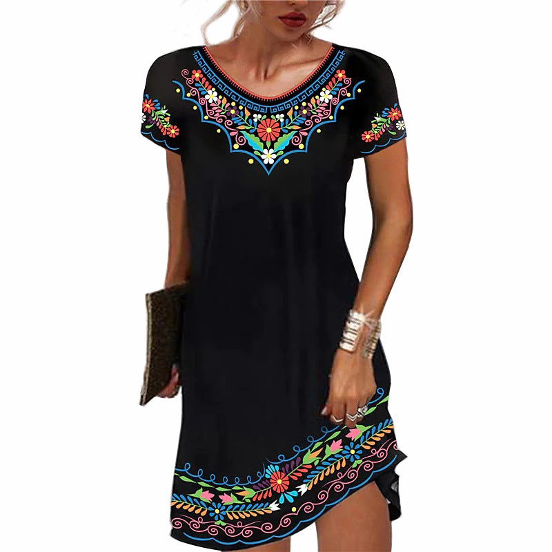 Women Casual Dresses Summer Floral Print Sundress Short Sleeve Loose Swing Shirt Dress