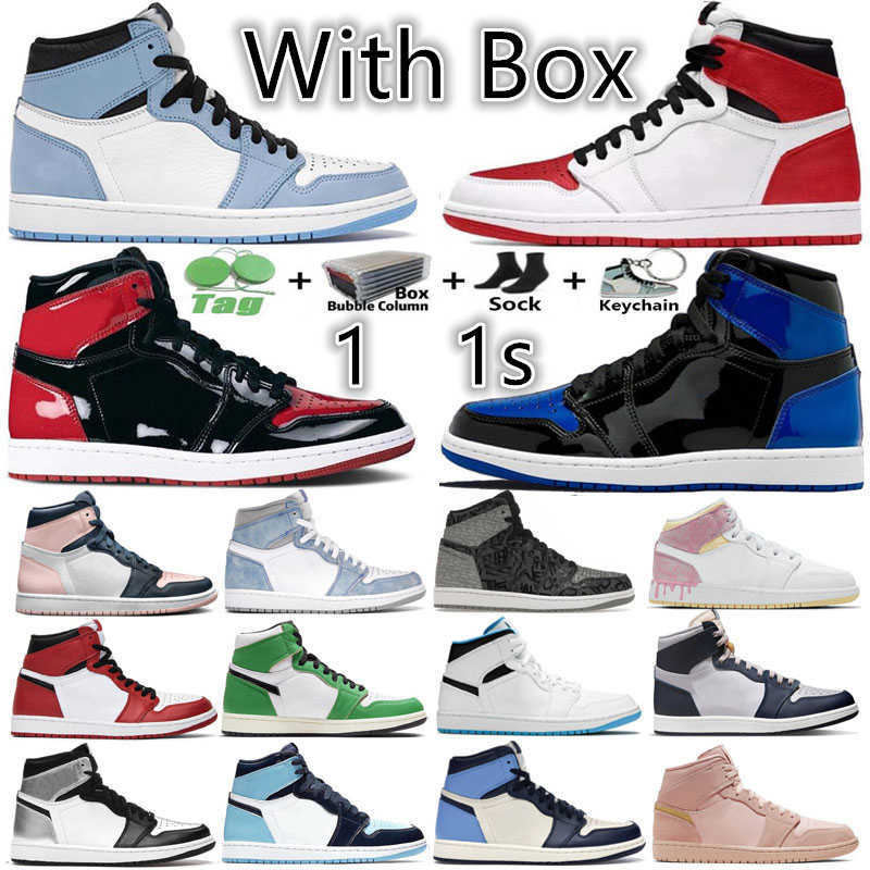 With Box 1 1s Men Women Basketball Shoes Bred Patent Royal Heritage University Blue Bubble Gum Georgetown UNC Smoke Grey Paint Drip Silver