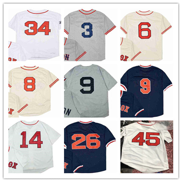 Man Retire Boston Retro Vintage Baseball Jersey 9 TED WILLIAMS 6 BILL BUCKNER 8 CARL YASTRZEMSKI 34 DAVID ORTIZ 14 JIM RICE 3 JIMMIE FOXX 45 PEDRO M