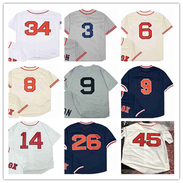 Man Retire Boston Retro Vintage Baseball Jersey 9 TED WILLIAMS 6 BILL BUCKNER 8 CARL YASTRZEMSKI 34 DAVID ORTIZ 14 JIM RICE 3 JIMMIE FOXX 45