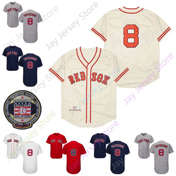 Baseball Carl Yastrzemski Jersey Vintage 1967 Cream Grey Navy Red White Hall Of Fame Patch Button Down