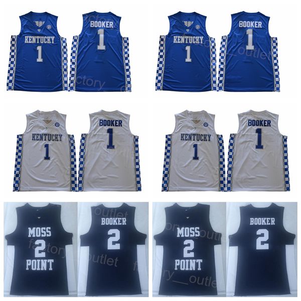 Men Kentucky Wildcats College Basketball Devin Booker Jersey 1 High School Moss Point Team Black Blue White Color Pure Cotton For Sport Fans