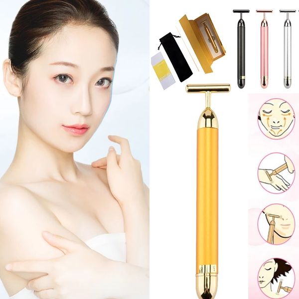 24K Gold Roller Vibrating Facial Massager Slimming Facial Skin Beauty Bar Pulse Firming Face Massage Lift Tightening Wrinkle Care Tools & De