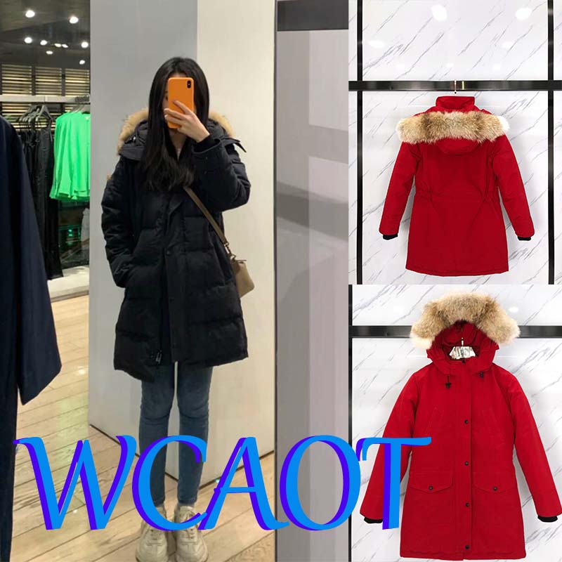 Womens real wolf fur collar down jacket mid-length slim puffer jackets epaulette decoration white duck down filling quality outerwear designer overc