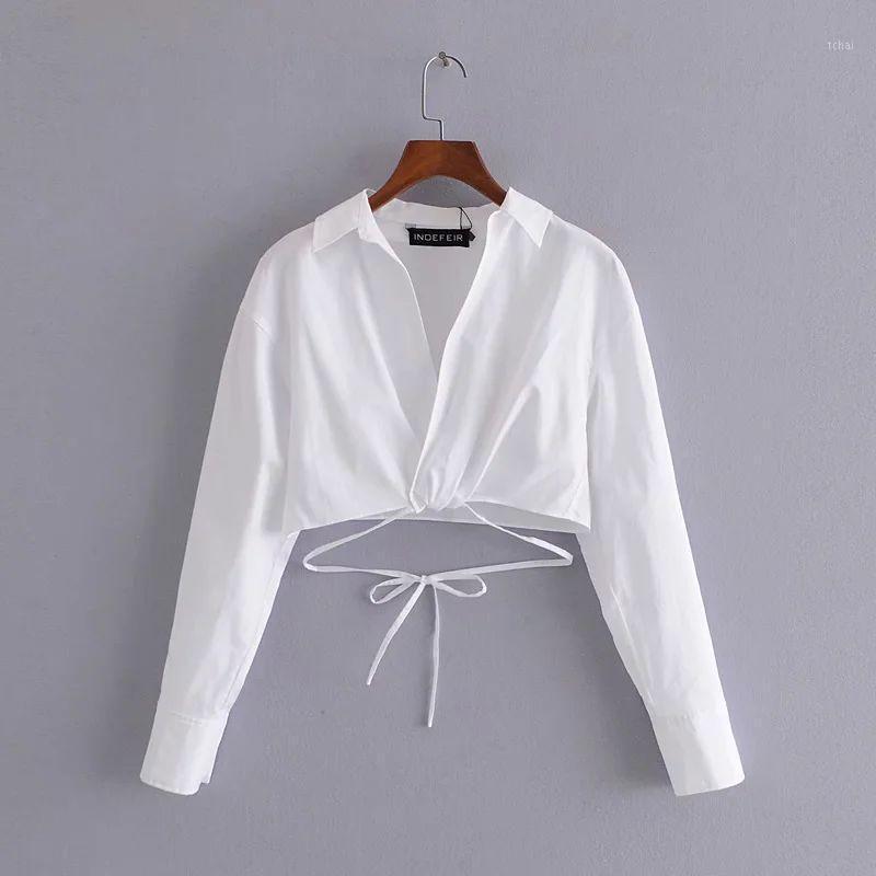 Women&#039;s Blouses & Shirts 20 21 Women Cropped Shirt WITH TIES Long Sleeves Casual Fashion Chic Lady High Woman Blouse