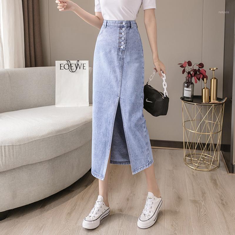 Skirts #0202 Side Buttons Split Denim Skirt For Women High Waist Denik Ladies Korean Style Straight Jeans Midi Summer 2022