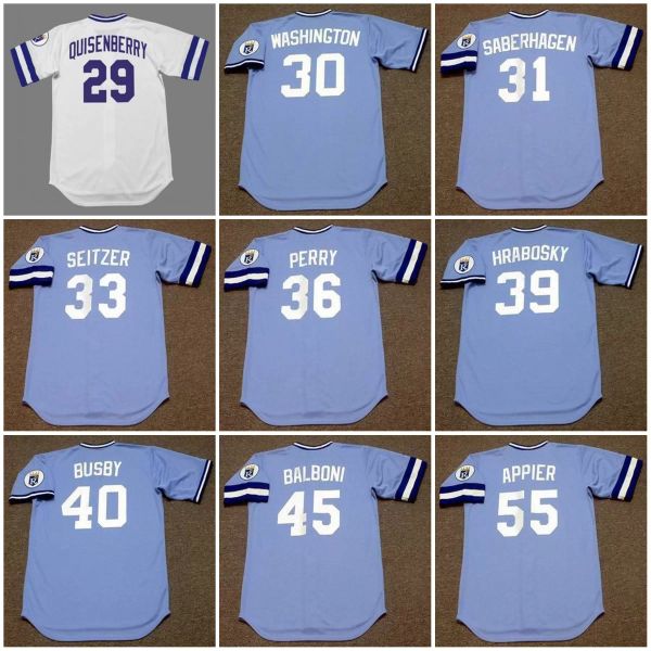 KansaSCity Vintage Baseball Jersey 29 DAN QUISENBERRY 30 U.L. WASHINGTON 1980 31 BRET SABERHAGEN 1985 33 KEVIN SEITZER 1989 PERRY HRABOSKY B