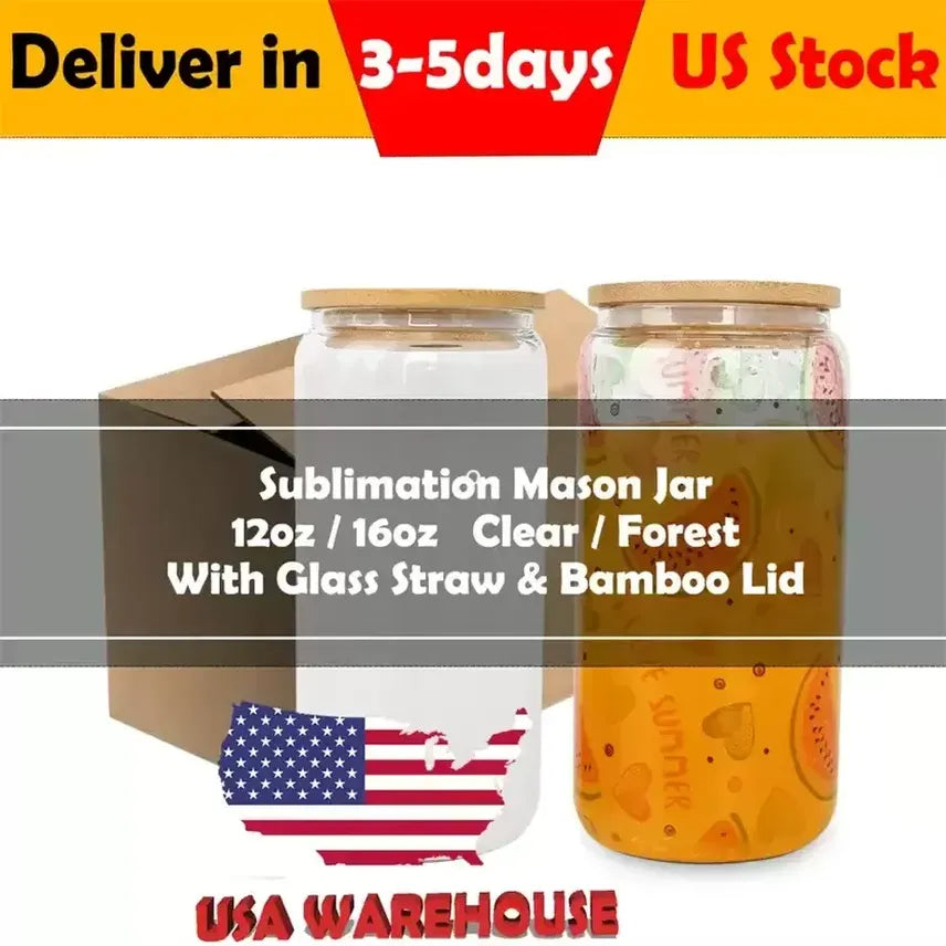 Sublimation Glass Beer Mugs with Bamboo Lid Straw 12oz DIY Blanks Frosted Clear Can Shaped Tumblers Cups Heat Transfer Cocktail Iced Coffee Soda Gla