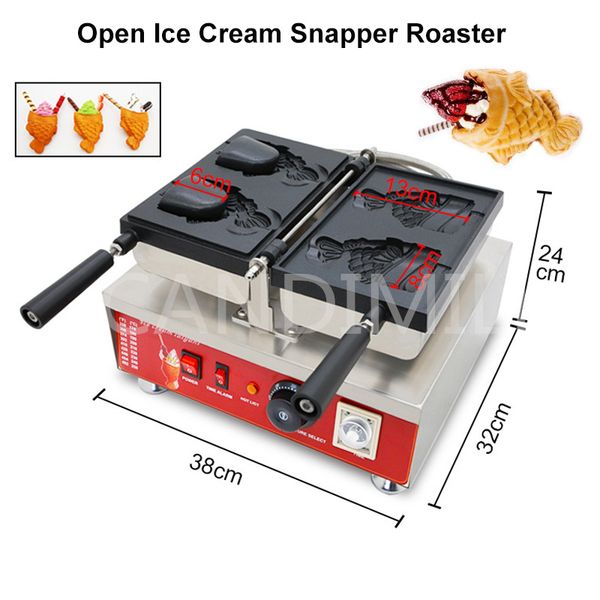 Food Processing Equipment 2000W Commercial Electric 2 Hole Open Mouth Fish Shaped Ice Cream Taiyaki Machine Waffle Cone Maker